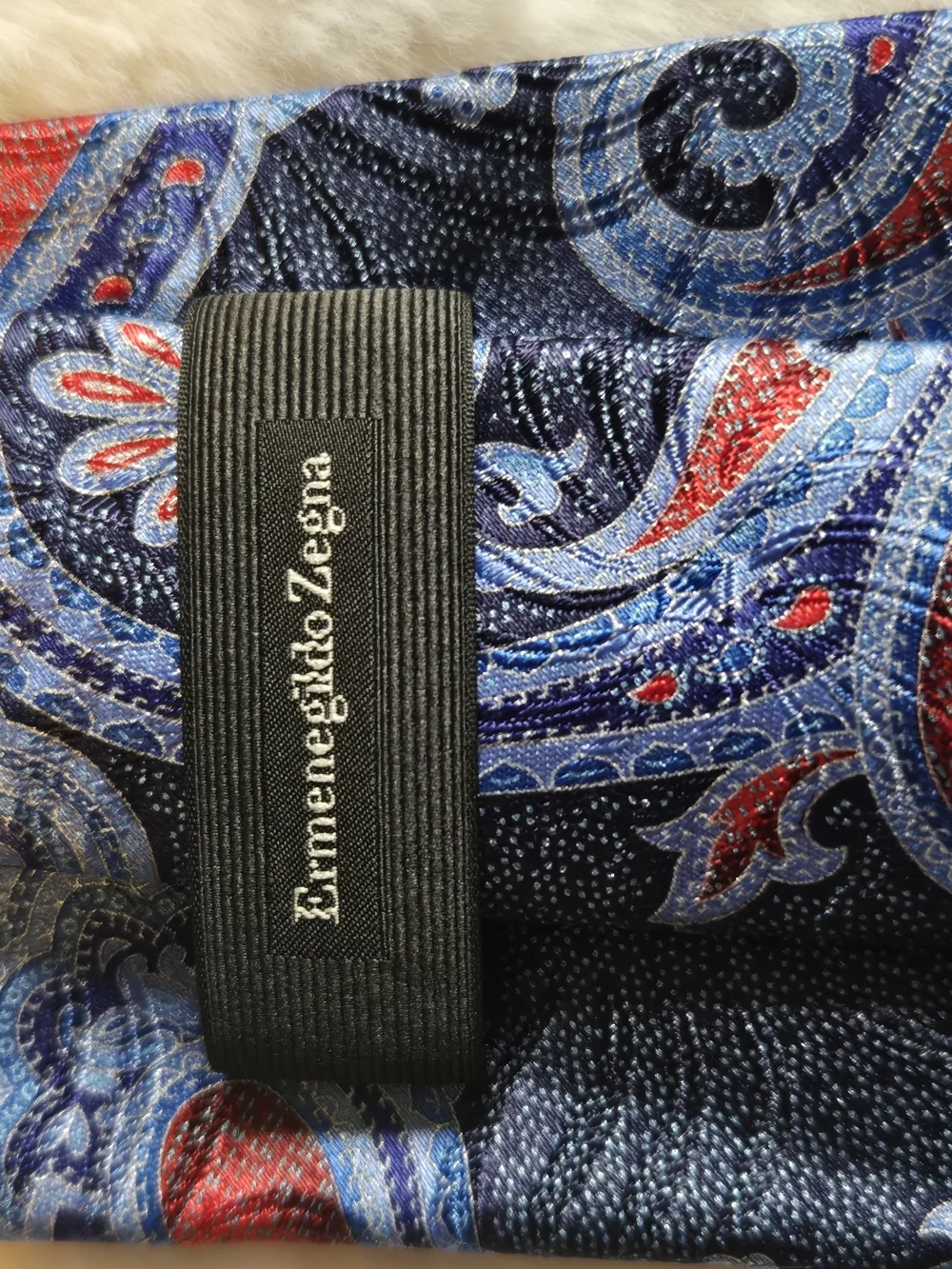 Ermenegildo Zegna Navy Paisley Tie with Blue and Red Accents